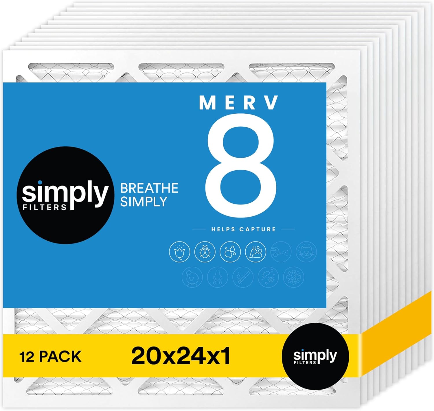 Simply 20x24x1 Air Filter, Merv 8, MPR 600, 12 Pack, For Home AC Furnace & HVAC (Actual Size: 19.75"x23.75"x0.75") DUST, Pet, & Allergy Control