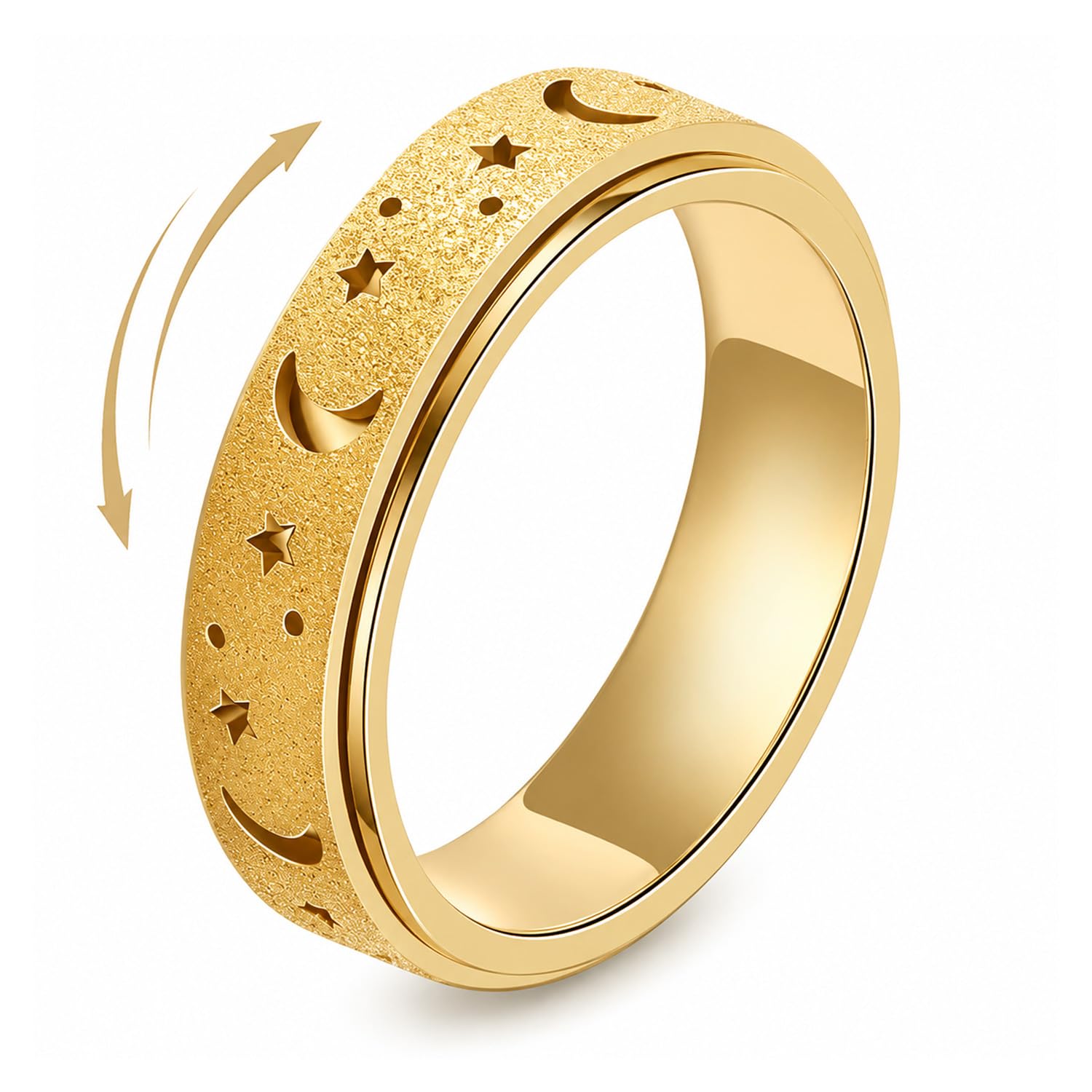 Fidget Rings for Anxiety Women, Gold Rotating Fidget Ring for Stress Relief, Practical Stress Relief Calm Ring, Glitter Moon & Star Design, Smooth Roller, Fidget Rings for Women Men R1/2-T 1/2