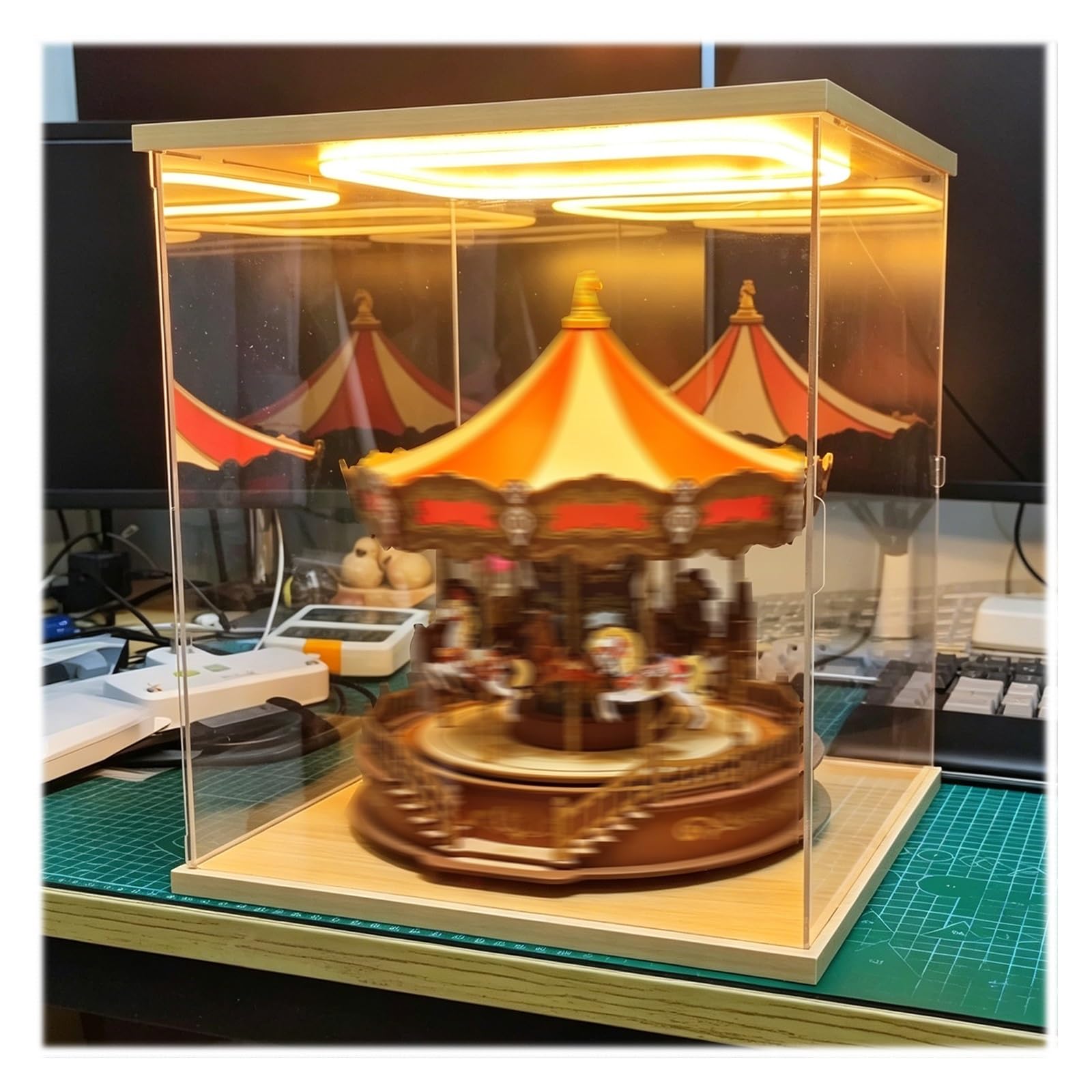 Clear Acrylic Display Case for Figures with LED Light, Easy Assemble Acrylic Countertop Presention Box for Trophy/ Helmet, Transparent Collector Showcase(30X30X45CM/12X12X18")