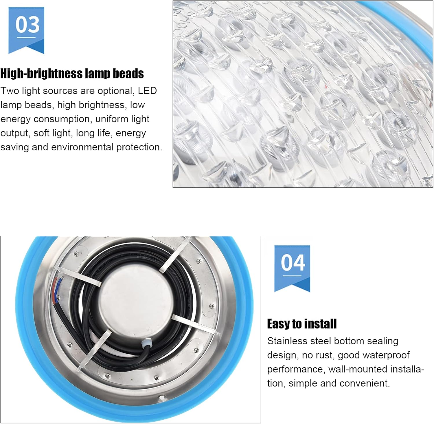 LED Pool Light, 12V AC 54W, IP68 Waterproof, Inground, White Light