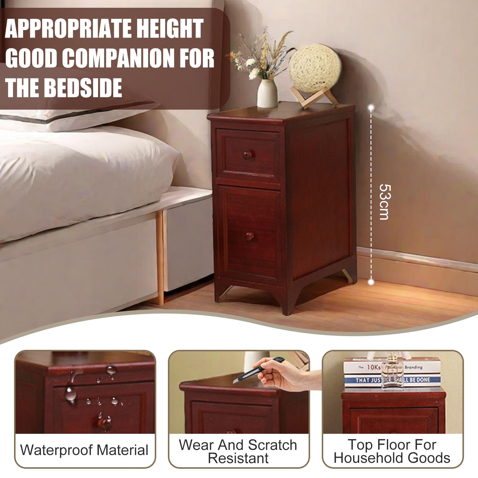 Nachtschrank Schmal Nachttisch 20cm 25cm 30cm Breit Beistelltisch Holz Mit Schublade Modern Und Minimalistisch Wasserdicht Und Langlebig Nachtkommode Kompakt Für Wohnzimmer Und Schlafzimmer(Red)