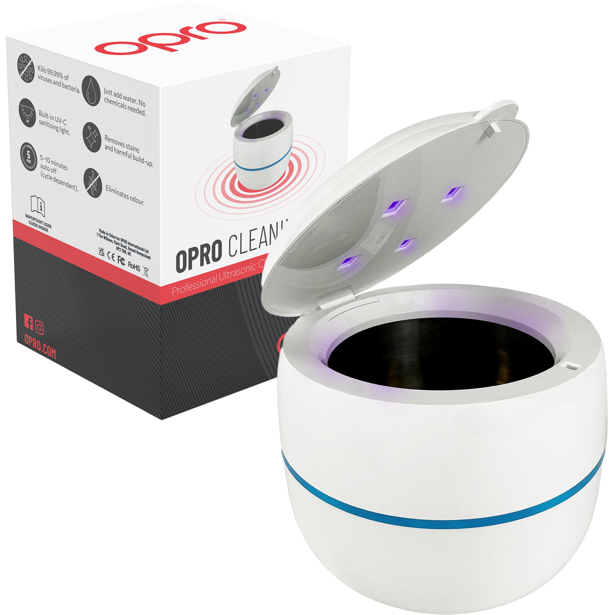 OPRO Ultrasonic UV Cleaner – Clinical-Grade Cleaning for Mouth Guards, Gum Shields, & Night Guards – Ultrasonic Retainer Cleaner, Eliminates 99.99% of Bacteria – Chemical-Free – Made in The UK
