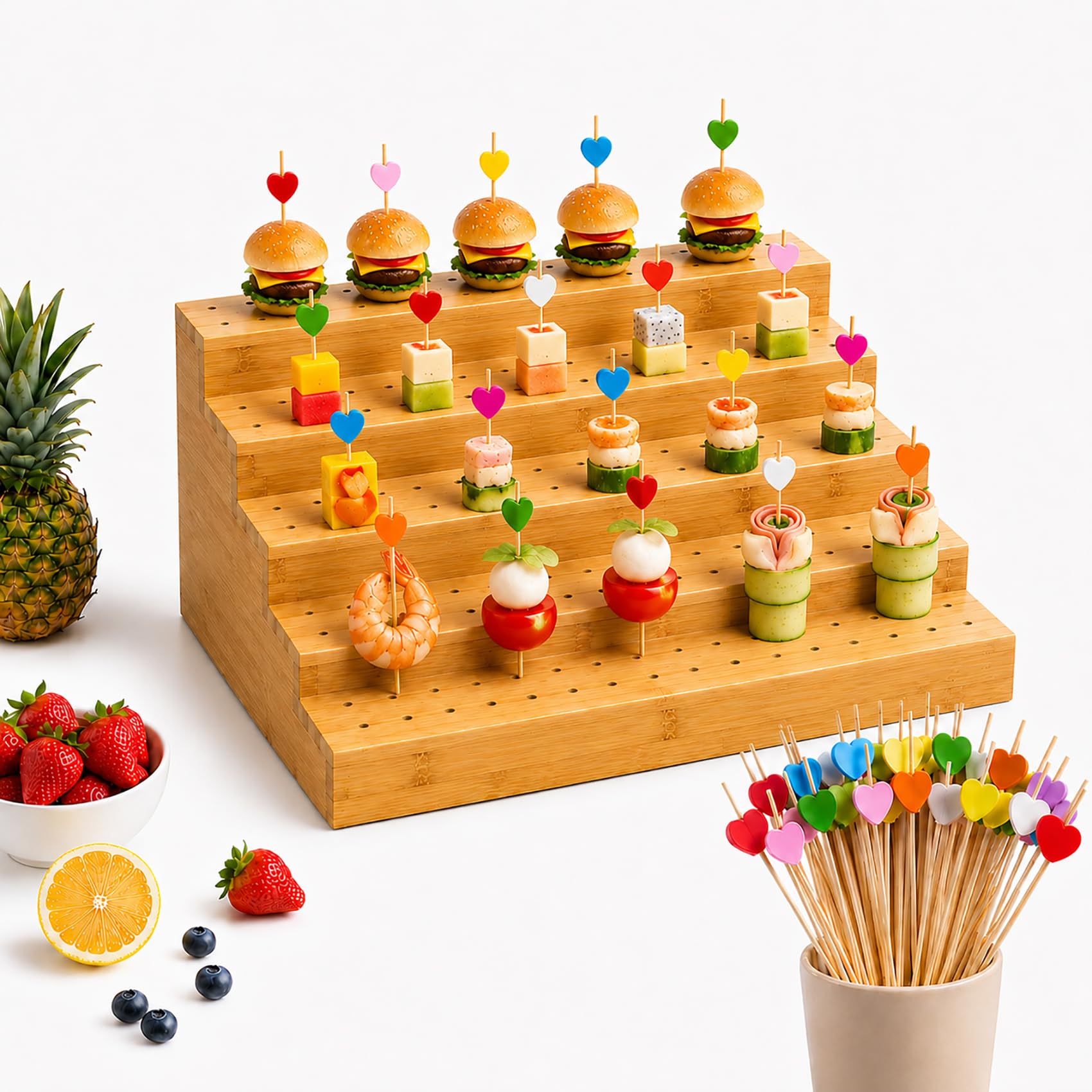Cemssitu Bamboo Skewer Holder, 6-Tier Natural Bamboo Food Display Stand with 180 Holes and 100 Heart-Shaped Skewers, for Appetizer, Party, Buffet, Wedding (5-Tier)