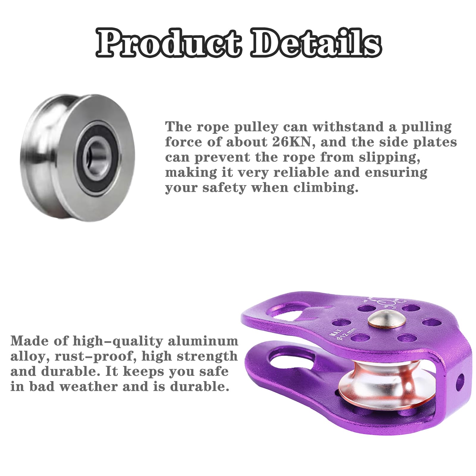 Seilrollen für Drahtseile Riemenscheiben Umlenkrollen für Seile Seilrolle Umlenkrolle 26 kN Pulley für Bis 12 mm Durchmesser Seilkletter Rettungshebe und Schleppseilrollen (Lila)