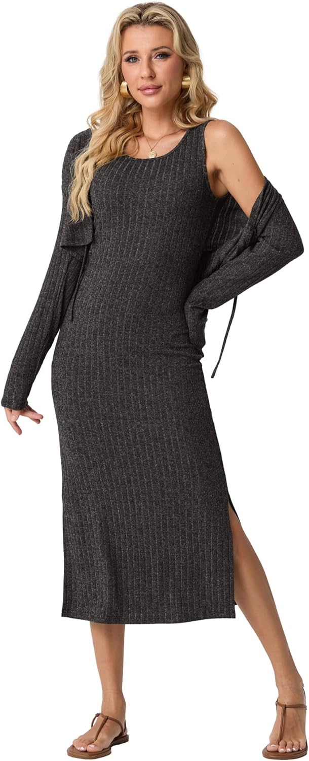 GRECERELLE Women's Fall 2 Piece Sets Long Sleeve Cropped Cardigan Split Crewneck Midi Dress (S-2XL) - Image 7