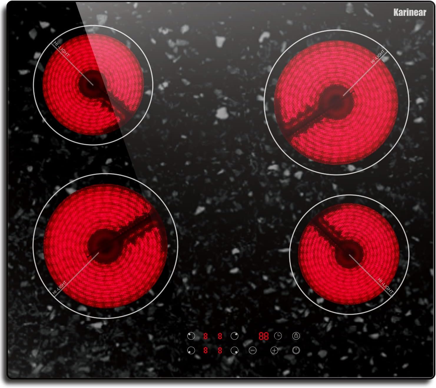 Karinear Electric Cooktop 24 Inch, 4 Burners Built-in Electric StoveTop with Marble Patterned Surface, Ceramic Cooktop with Child Lock, Timer, Residual Heat Indicator,220-240v Hard Wired,No Plug(LH07) 4 burners-LH07