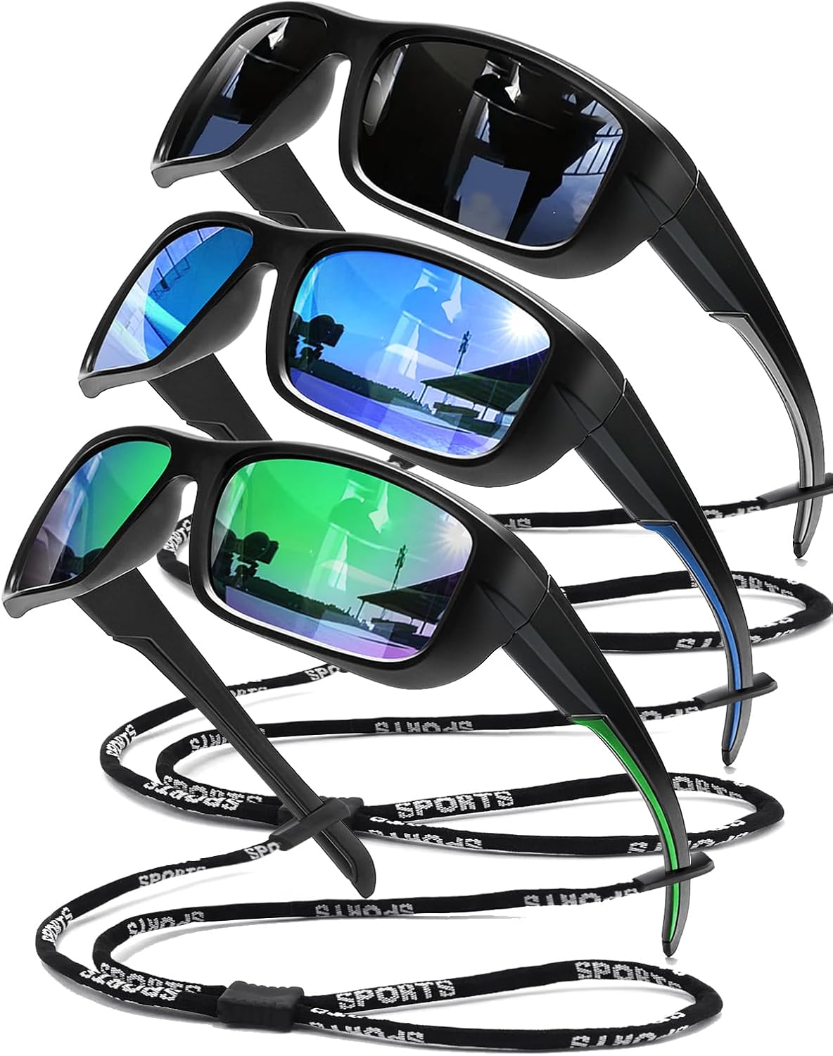 3Pack Polarized Sports Sunglasses for Men, Wrap Around Frame UV400 Goggles Sun Glasses for Cycling Fishing Driving