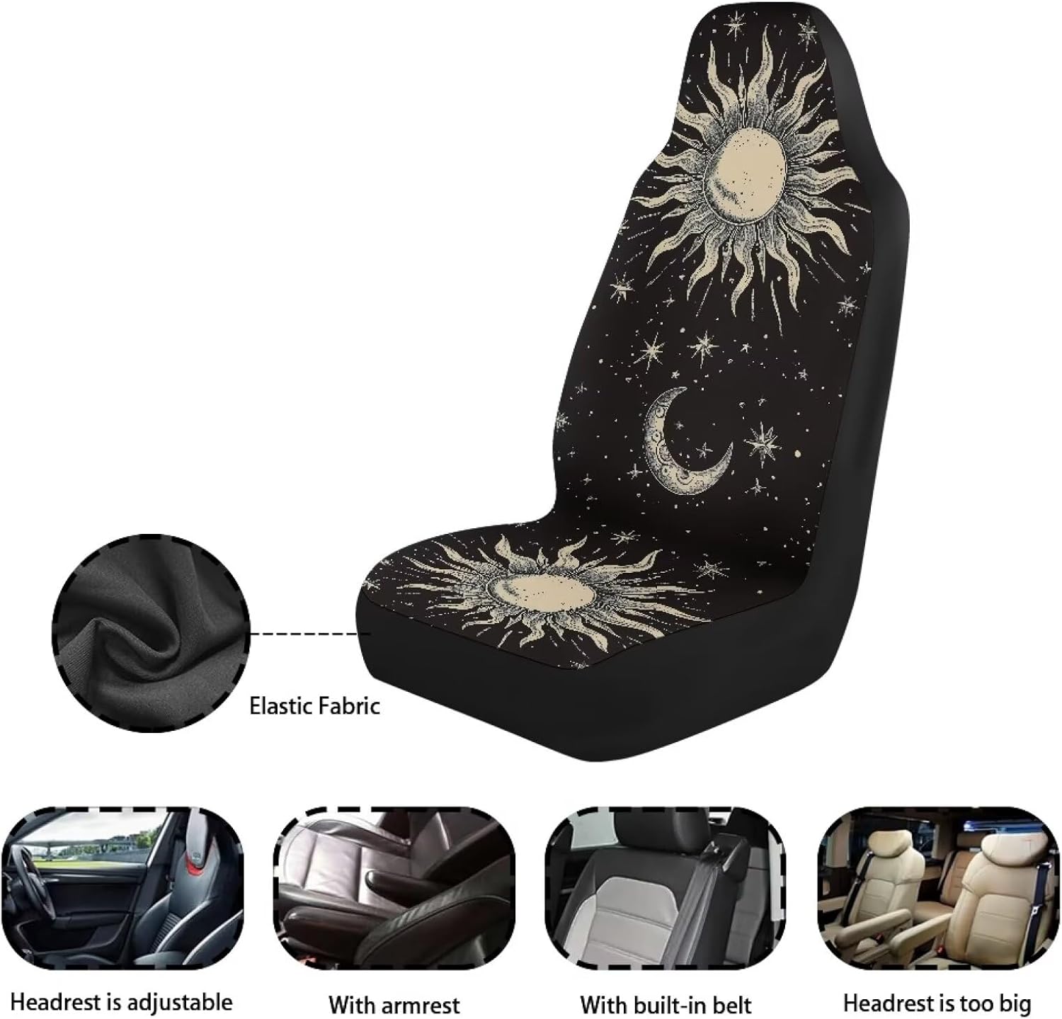 Kuiaobaty Black Car Seat Covers for Front Seats Sun Moon and Stars Printed Car Seat Covers Set in Cloth Universal Fit Washable Car Seat Cover for SUV, Sedan, Van