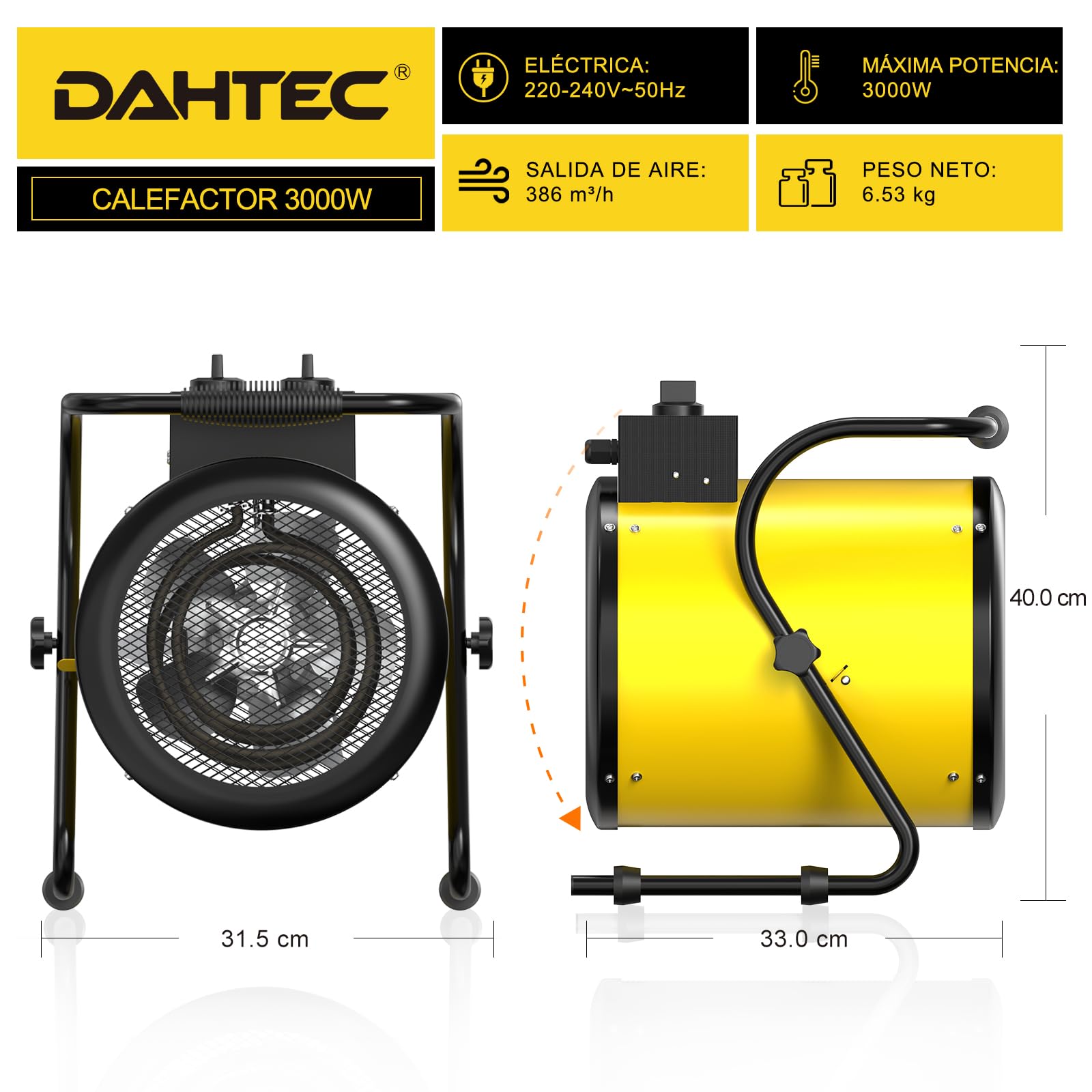 Calefactor Industrial 3000W - Calentador Aire Caliente Portatil - con Ajuste de ángulo de 0 a 25° y Termostato - Apto para Construcción, Garaje e Invernadero
