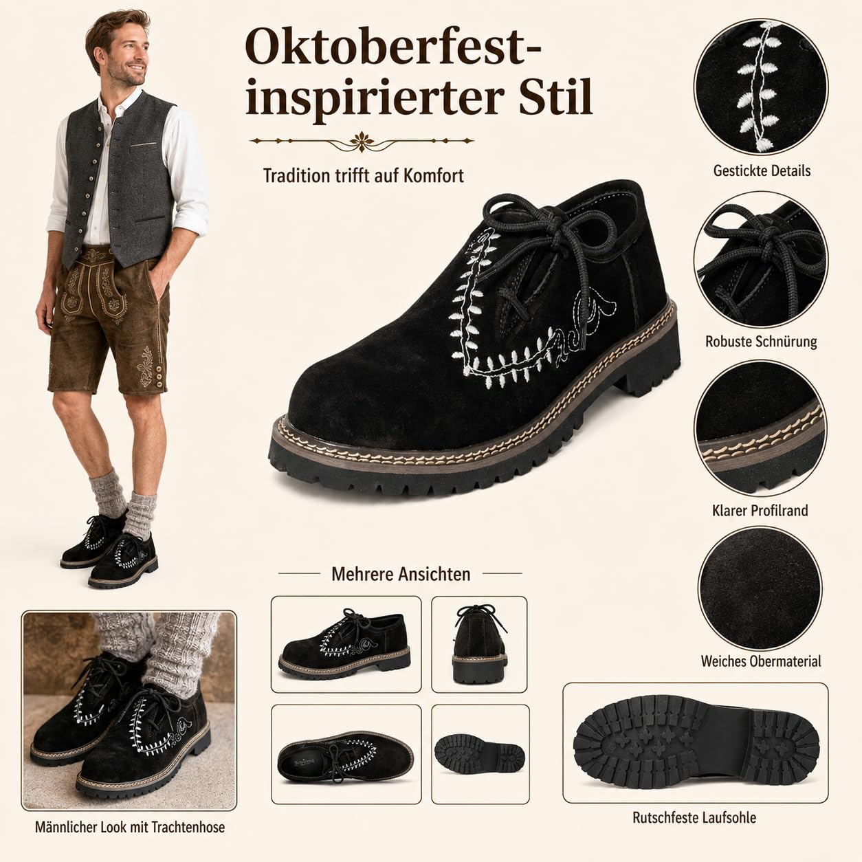 Trachtenschuhe Herren 2026 Stickerei Flock Leder Haferlschuhe Passform Traditionelles Design für Volksfest Trachten Festlichkeiten Bequem Lederschuhe Ledersohle Schnürschuhe Tanzschuhe