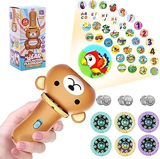 Kids Flashlight Color Bear Projector with 48 Patterns , Include Dinosaurs, Vehicles, Animals, 26 Letter Educational Learning Projector Toys for Girls Boys Cognition Bedtime Education