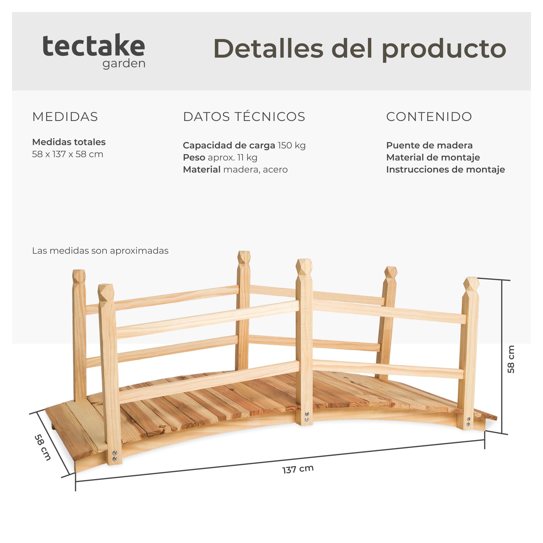 tectake® Puente de Jardín de Madera con Barandilla, para Estanque Jardin Exterior y Arroyo, Mini Puente Decorativo, Pasarela de Madera para Jardín, Decoracion Jardin Exterior - 137 x 58 x 58 cm