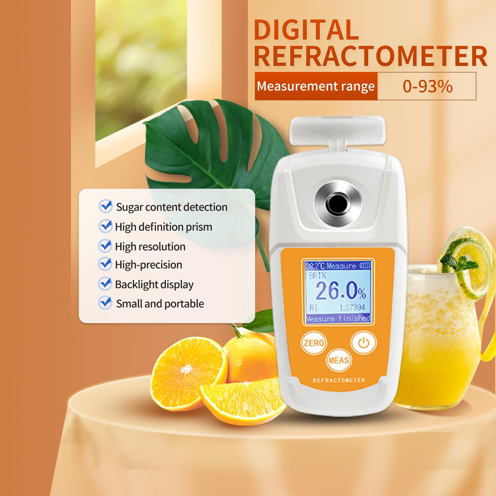 Brix Meter 0-93% Saugprüfer Premium Digital Brix Refraktometer mit ATC für Honig, Ahornsirup, Obst, Getränke, Saft, Melasse, Süßgetränk, Zuckergehalt Messung