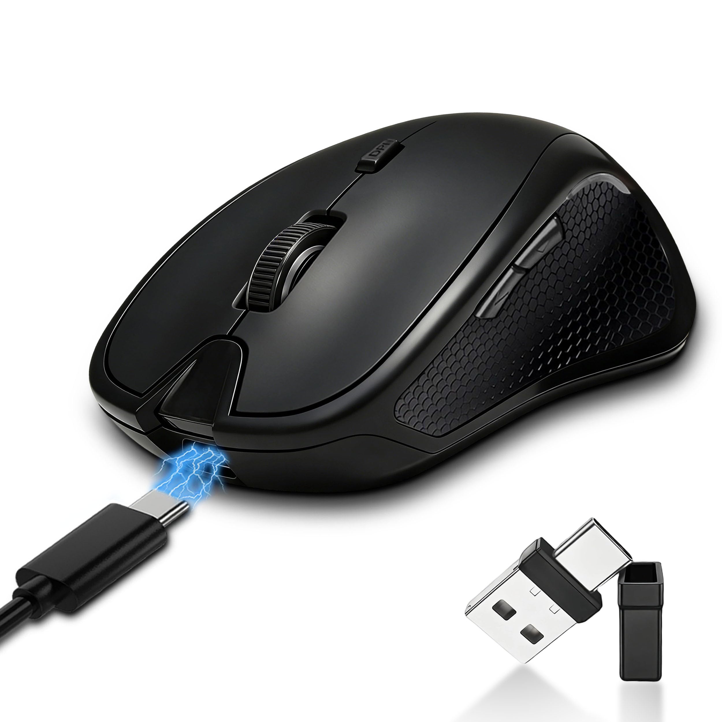 Rechargeable Bluetooth Mouse with Built-in Mouse Jiggler, Multi-Device Wireless Mouse for MacBook, iPad, Laptop & PC, USB-C/USB-A Receiver, BT5.2/3.0 & 2.4G, Silent Ergonomic Office Mouse - Black-image-28