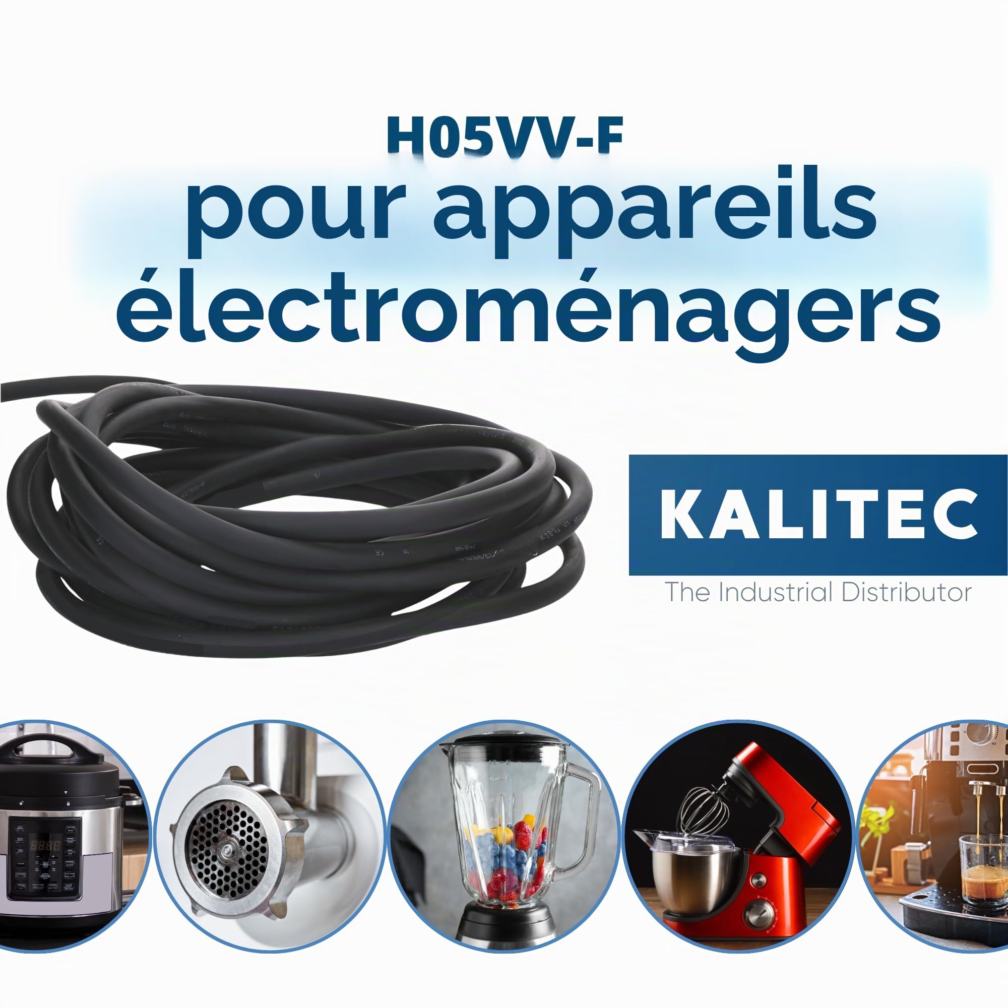 Kalitec H05VV-F - Câbl d'alimentation 4 x 1,5 mm² - 5 m - Câble en PVC pour l'intérieur - Câble électrique noir