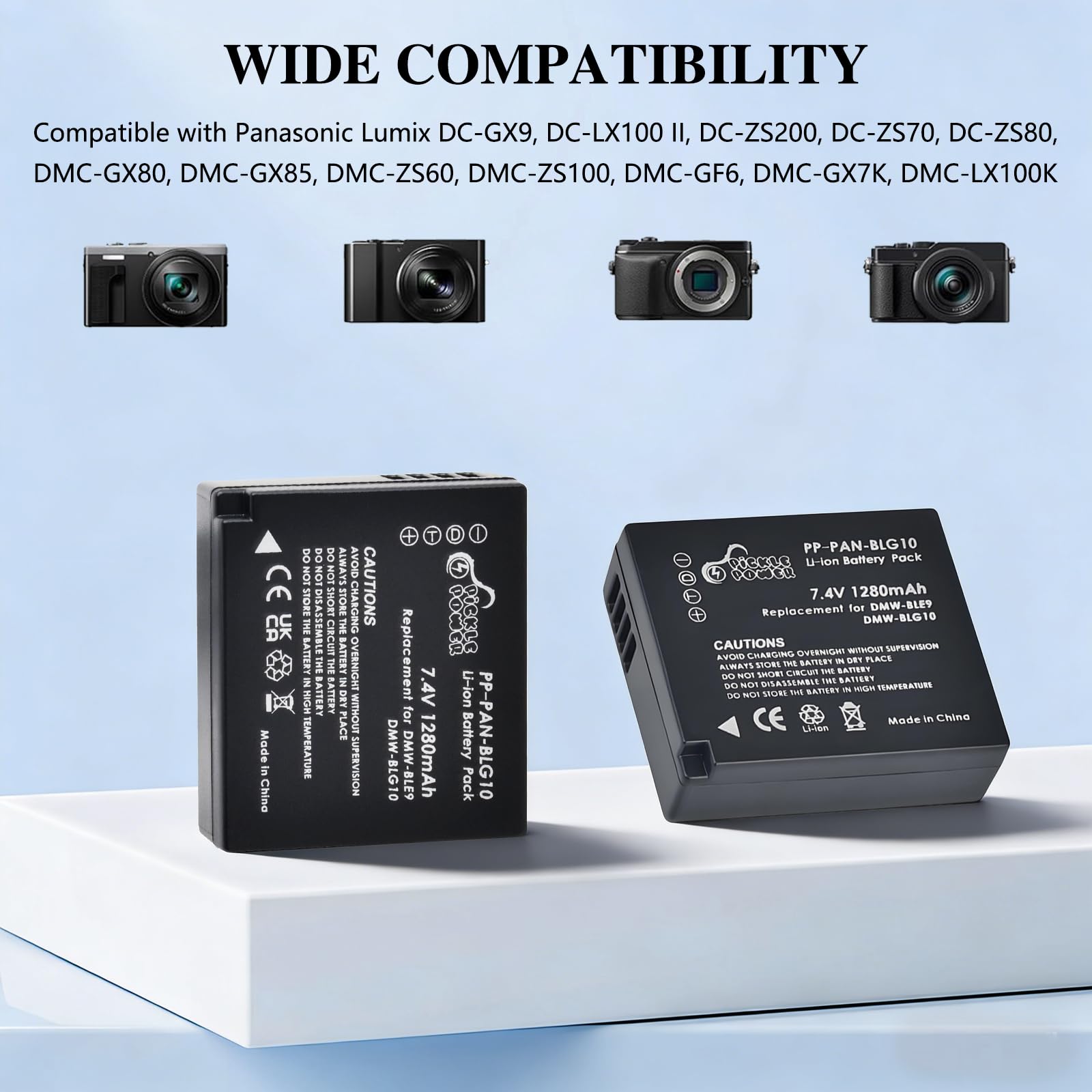 Pickle Power 2x1280mAh DMW-BLG10 DMW-BLE9E Batería + Cargador Doble para Panasonic Lumix DMC-ZS60/ZS80/ZS100/DMC-GF6/DMC-GX7/DMC-GX9/DMC-GX85/ DMC-GF3/DMC-GF5/DMC-GF6/DMC-LX100/LX100M2