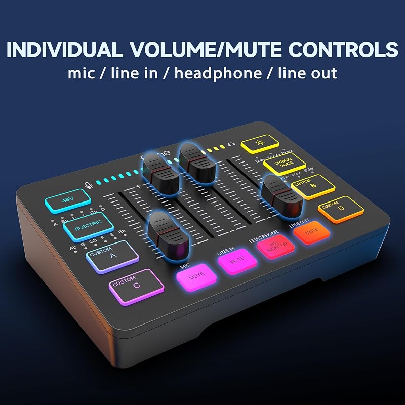 FIFINE Gaming Audio Mixer RGB XLR Mikrofon Interfész Podcast Streaming