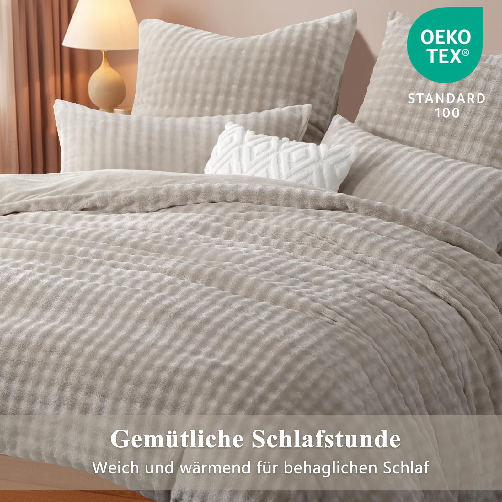 RUIKASI Winter Plüsch Bettwäsche 155x220 2teilig Beige - Warme Kuschelig Weich Flauschige Flanell Fleece Bettwäsche Luxus Wende Bettbezug mit Reißverschluss und 1 Kissenbezug 80x80cm