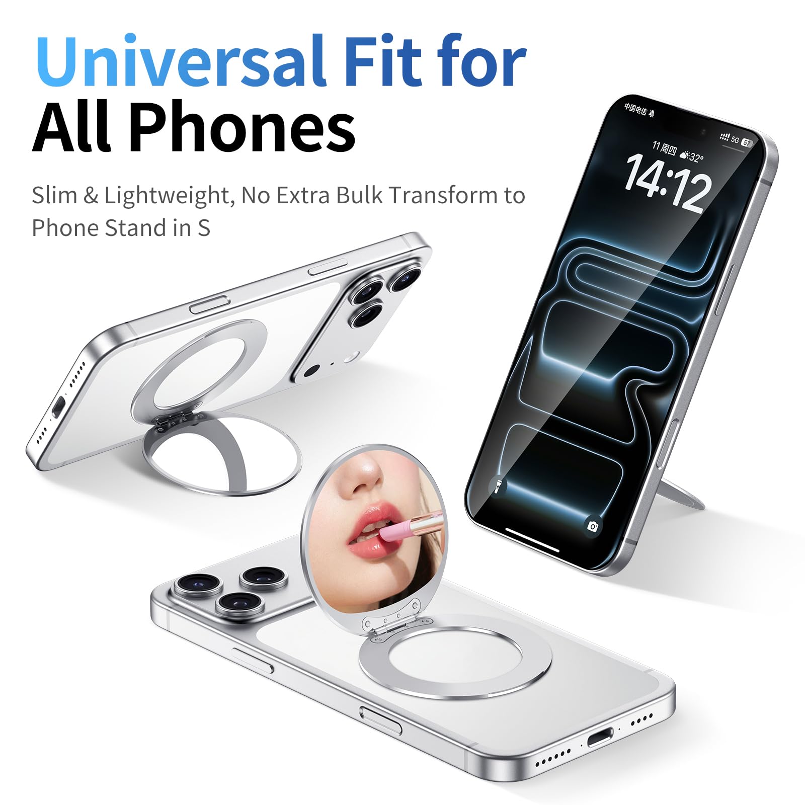 Custodia magnetica per telefono con specchio per MagSafe Supporto universale regolabile in metallo per iPhone 17/16/15/14 Pro Max Slim Phone Mirror per tutti gli smartphone utilizzati per donne
