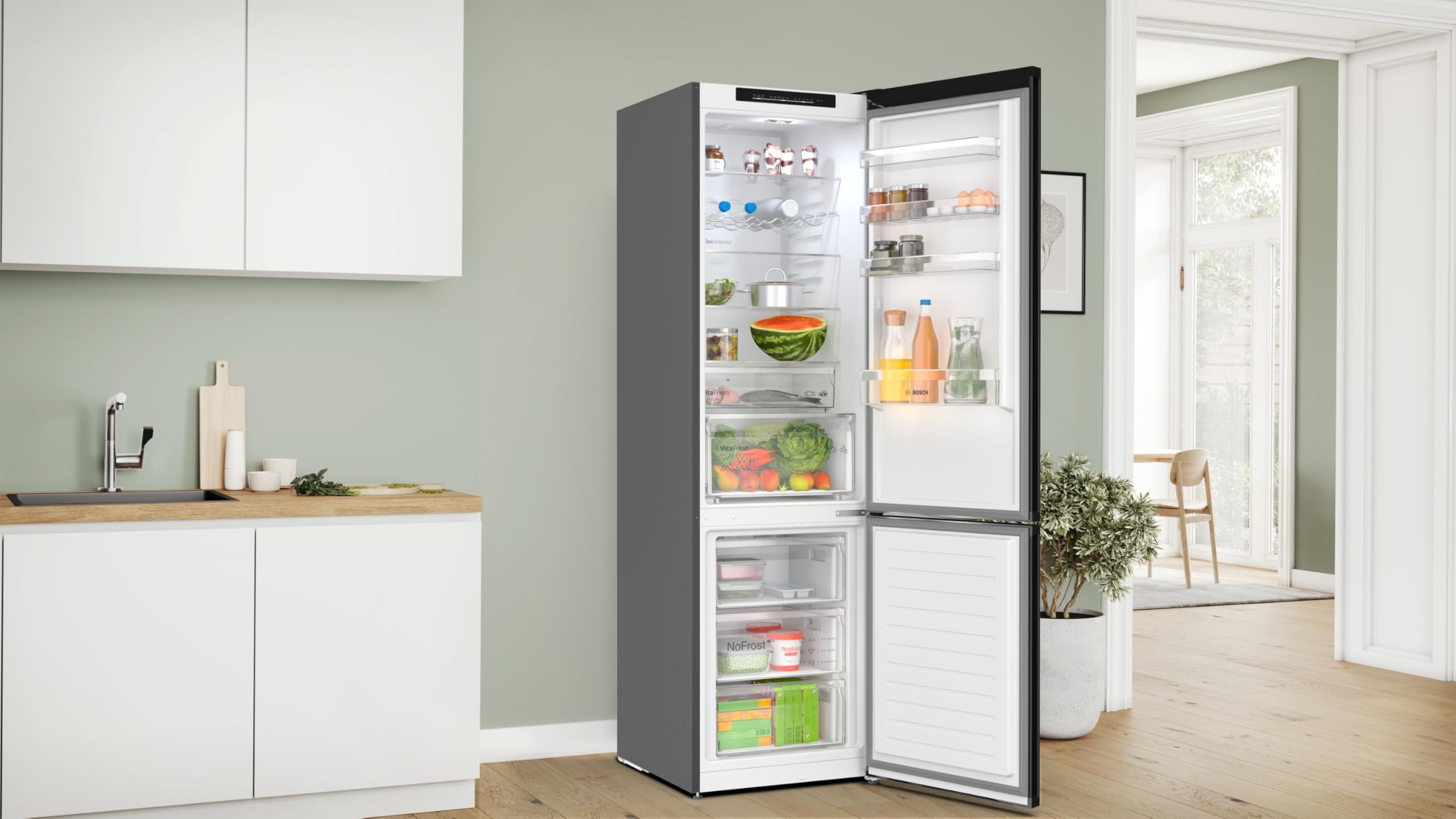 Bosch KGN392XCF Serie 4, Kombi-Kühlschrank freistehend, Total No Frost, VitaFresh XXL: Extra großer Platz für Ihre frischen Lebensmittel, PerfectFit, LED-Licht, Stahl, 203 x 60 cm