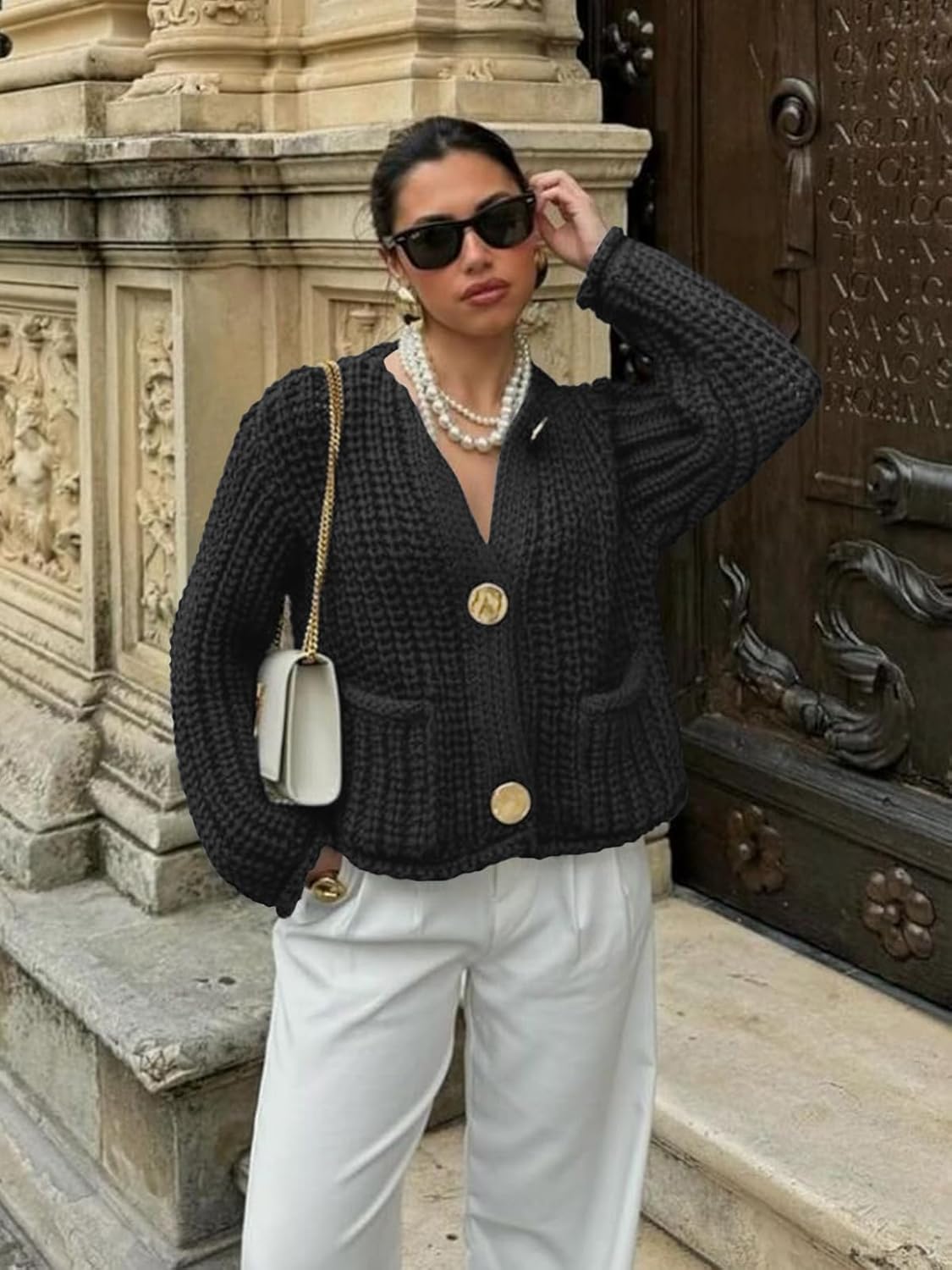 Saodimallsu Womens Button Up Sweaters Fall Chunky Knit Cropped Trendy Crewneck Loose Cardigan with Pockets - Image 4