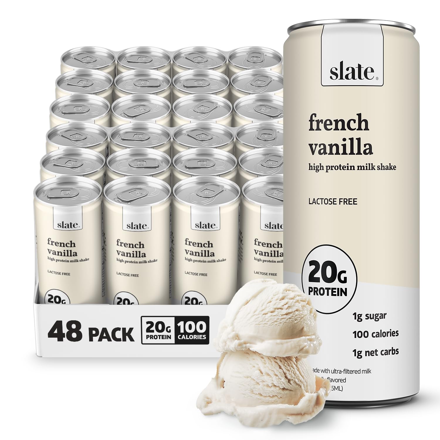 Slate Milk - High Protein Milk Shake - French Vanilla - Lactose Free, 20g Protein, 1g Sugar, 100 Calories, 1g Net Carbs, No Added Sugar - Natural, Breakfast Boost, Post Workout - 11 fl oz, 24 Cans