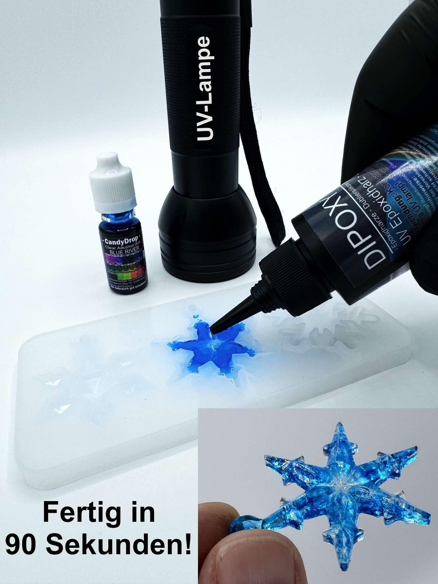 UV-Epoxidharz resin schnellhärtendes epoxy (30-90sek. mit UV Lampe) transparent kristallklar DIY in Profi Qualität 10x100ml (1000ml)