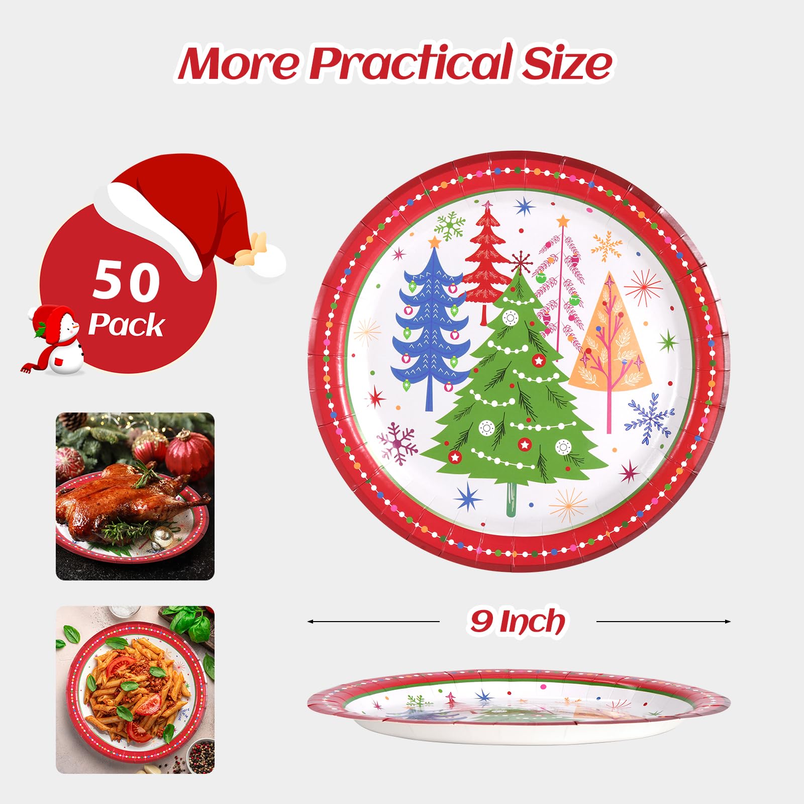 50 platos de papel desechables de Navidad, platos de fiesta para postre, cena, aperitivo, ensalada, pastel, galletas, vajilla de Navidad, suministros de decoración de fiesta