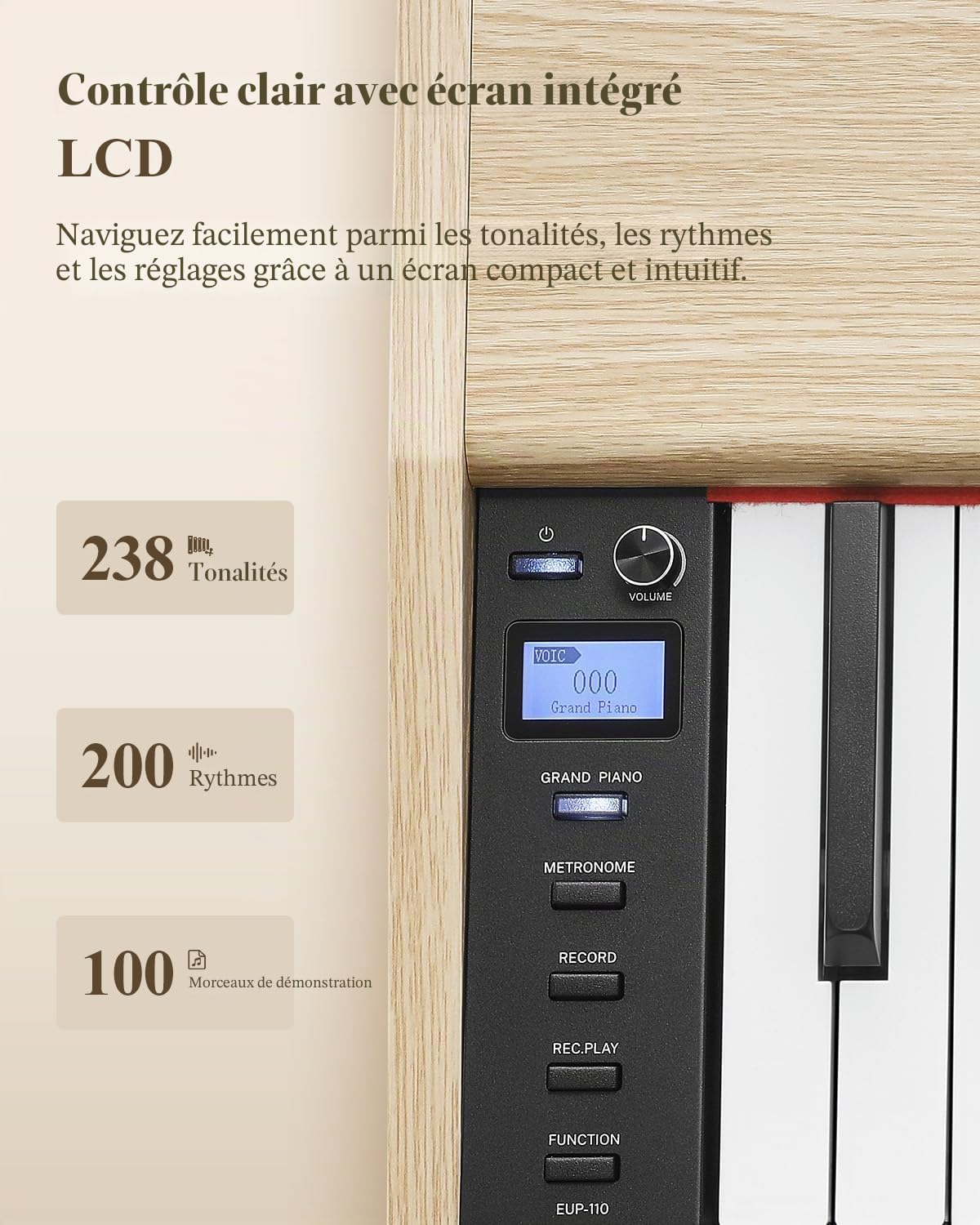 Eastar EUP-110 Piano Numérique 88 Touches Lestées, Piano Électrique Domestique pour Débutant, avec Casque, Autocollants Musicaux, Écran, 3 Pédales, Connexion Sans Fil, Enregistrement - Bois Clair