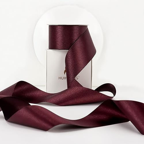 HUIHUANG Cinta gruesa de color borgoña profundo, cinta de satén brillante de 2 pulgadas para envoltura de regalos de Navidad, cinta de vino borgoña