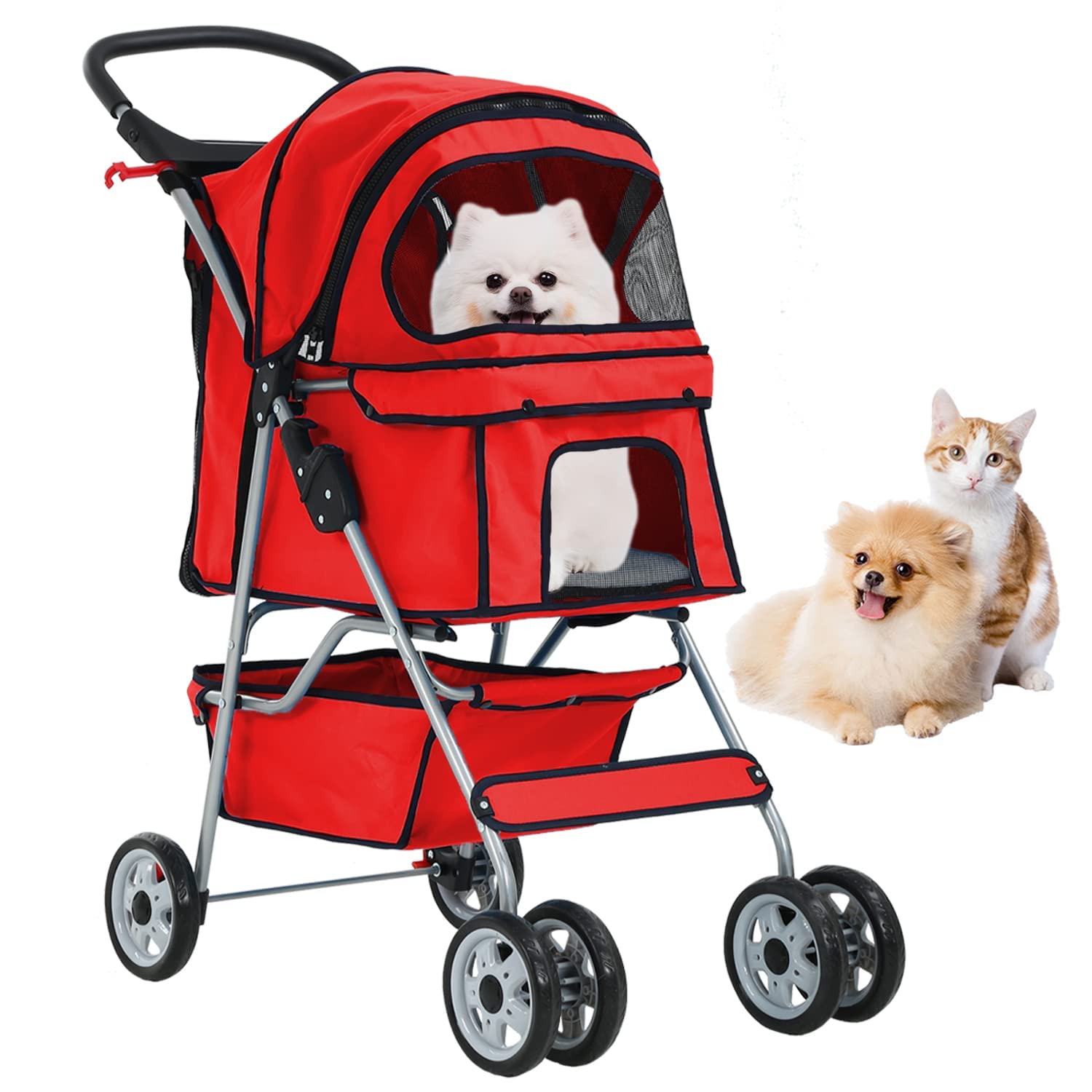 4 Wheels Pet Stroller, Ideal for Small to Medium Pets. Features a Folding Design, Waterproof Construction, Cup Holder, and Removable Liner. Perfect