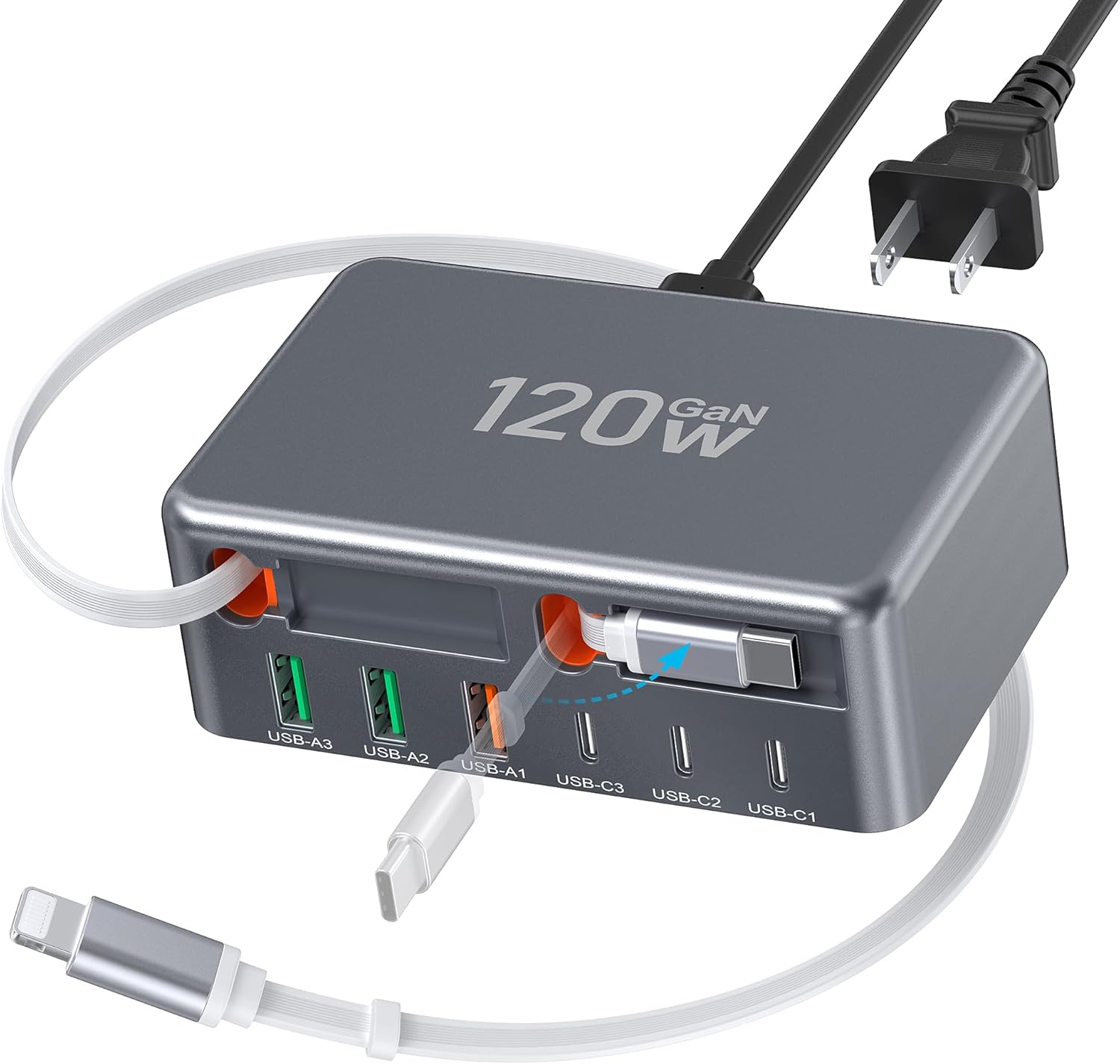 2026 Updated USB-C Fast Charging Station, 120W GaN 8-Port Retractable Charger Adapter, Includes 2.3ft Lightning+Type-C Dual Cable, Wall Charger Block Plug Cube for iPhone 17/16/15,iPad,Pixel, Galaxy