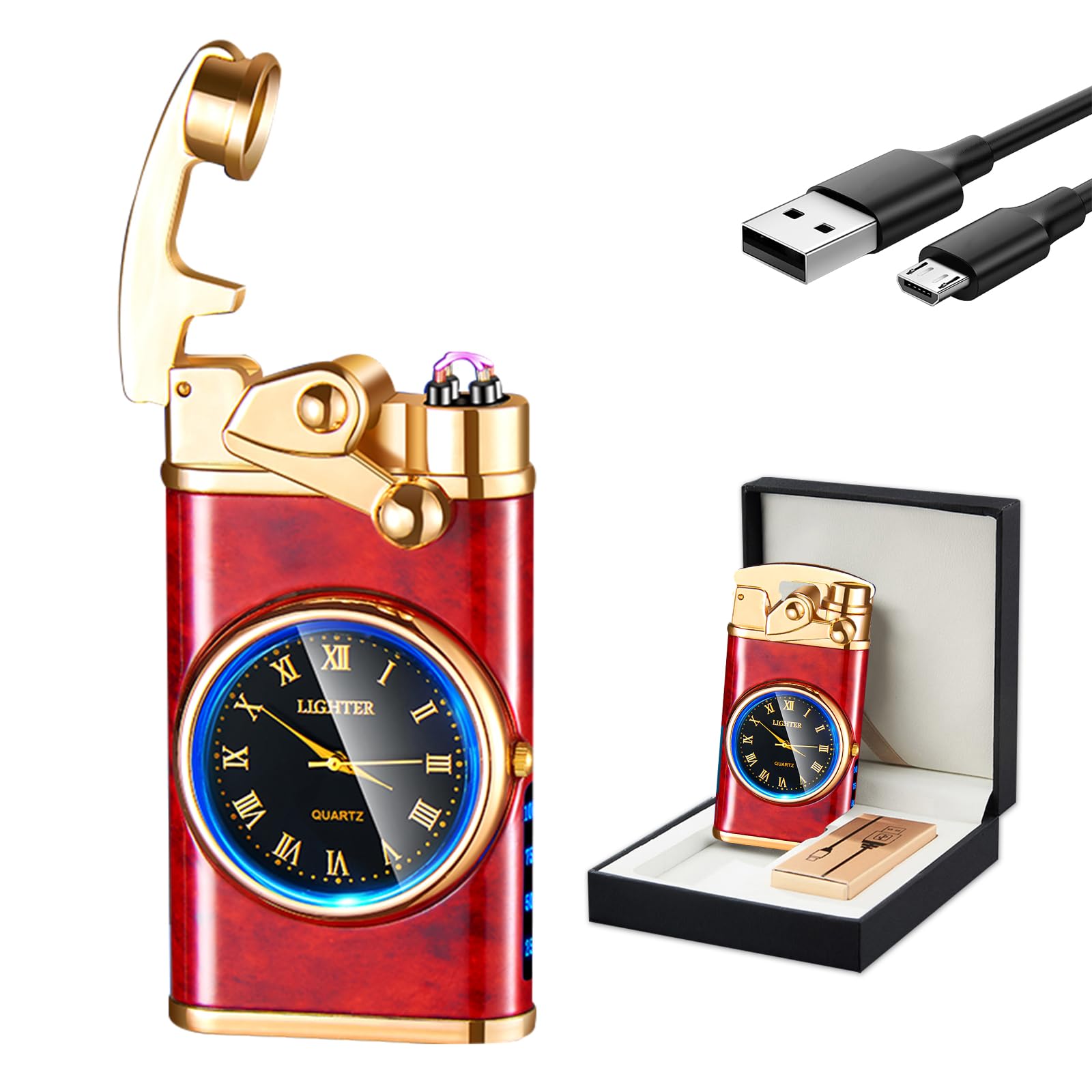 GADATOP Electric Windproof Lighter - USB Rechargeable Flameless Double Arc Plasma Lighter with Luminous Real Watch dial LED (Grain Wood red)