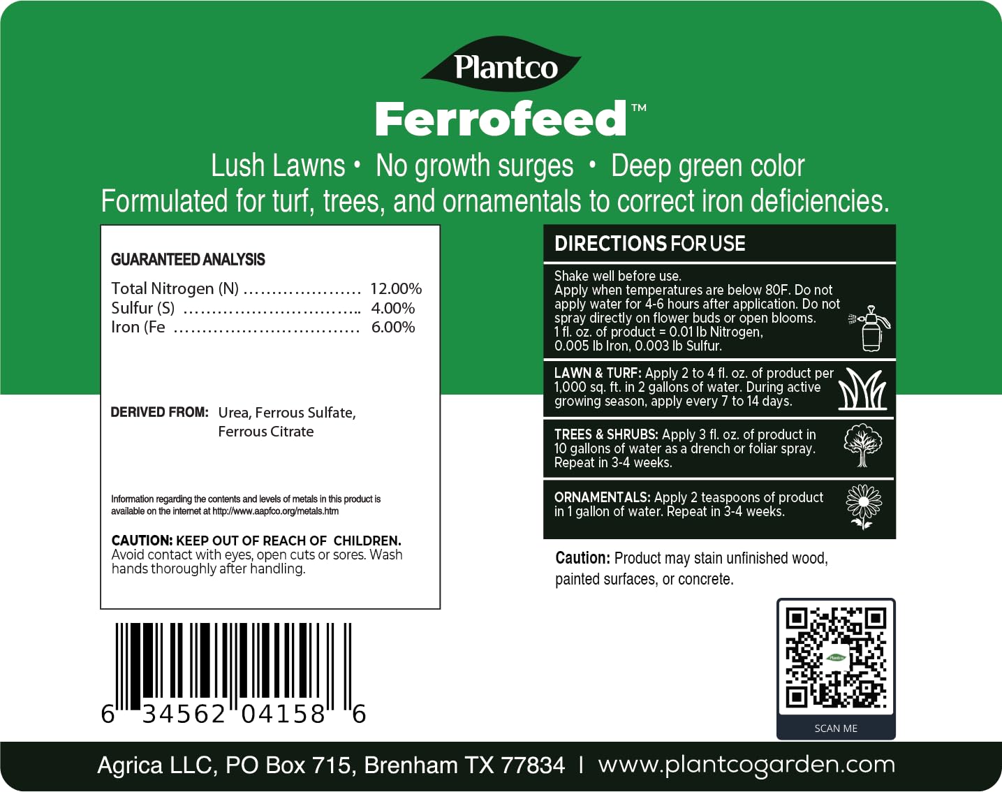 Ferrofeed Chelated Liquid Iron | 12-0-0 with 6% Fe | Lawn, Trees & Ornamental Fertilizer | Fast-Acting Iron Supplement for Deep Green Foliage | Convenient Liquid Formula | 32 fl oz