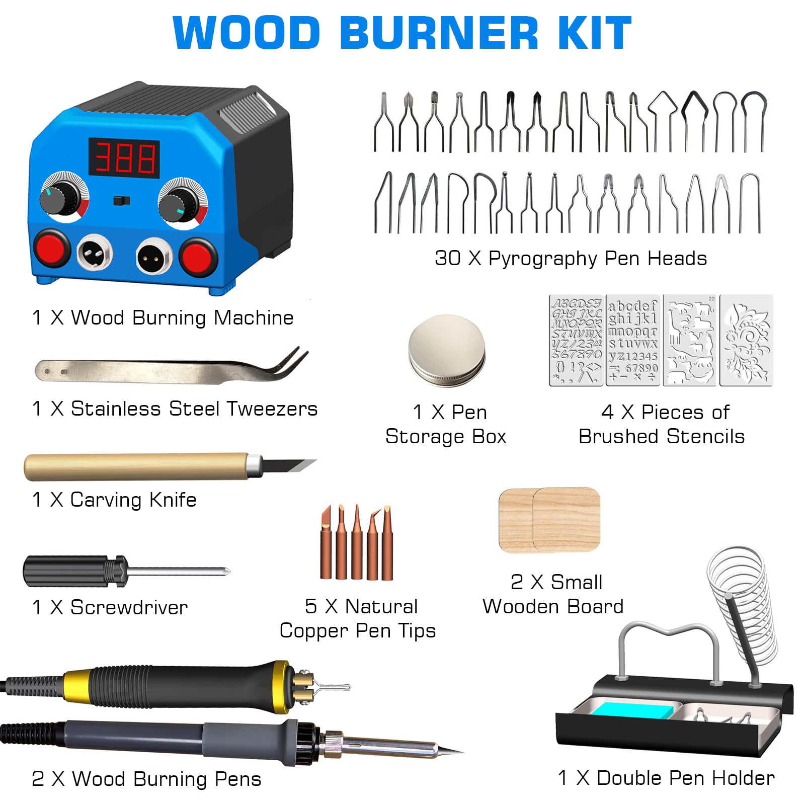 Kit Pirograbador de Madera, 100-700℃ Máquina de Pirografía de Temperatura Ajustable, Máquina de Pirograbado LCD, Kit de Estación de Pirograbado en Madera con 2 Rotuladores con 30 Puntas de Alambre