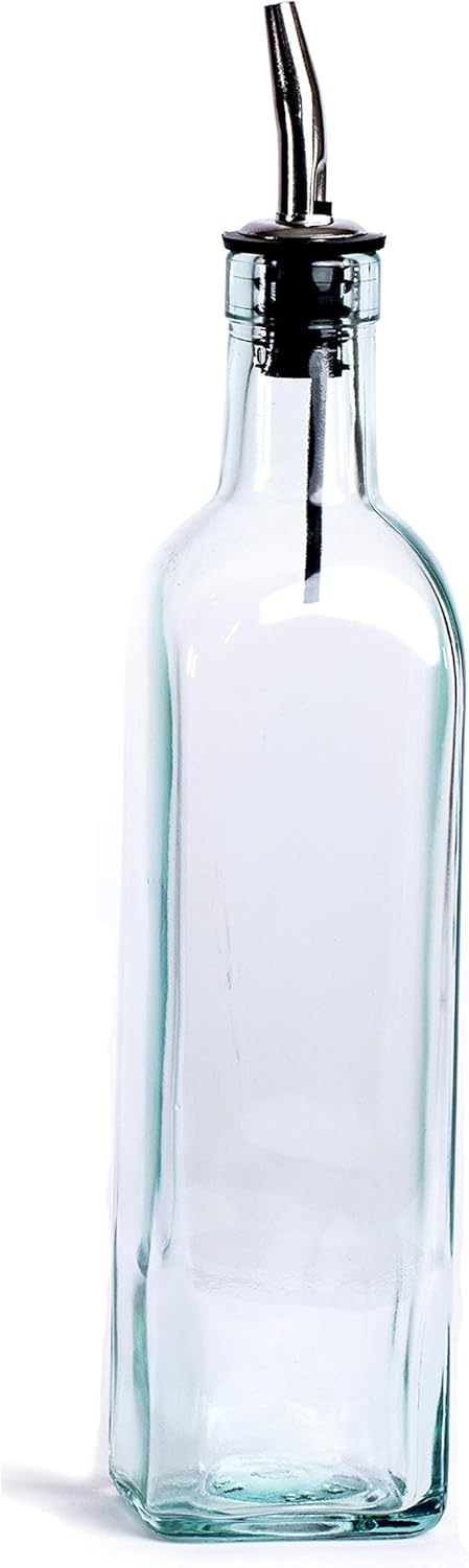 eHomeA2Z Italian Glass Oil And Vinegar Cruet 16 Oz, Olive Oil Dispenser With Stainless Steel Spout, Slight Green Tint (1, 16 oz): Home Improvement