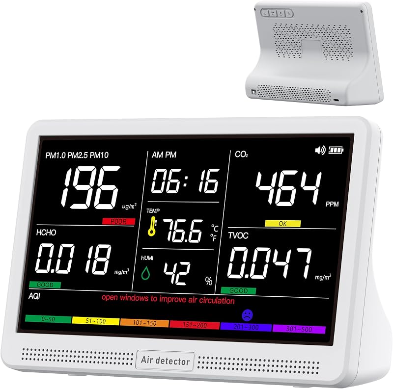 bonoch 16 in 1 Air Quality Monitor Indoor 7" Display Wildfire CO2 Monitor | 7" Large Display, 9 AQI + 7 Alerts, Air Quality Tester for CO2, TVOC, PM2.5 PM1.0 PM10, HCHO Temperature Humidity AQI & Time