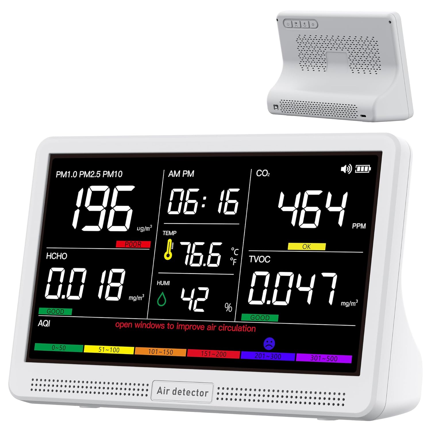 bonoch 16-in-1 Indoor Air Quality Monitor: 7" Display, CO2, PM2.5/PM1.0/PM10, TVOC, HCHO, Temp, Humidity & AQI Tester with Alerts for Home