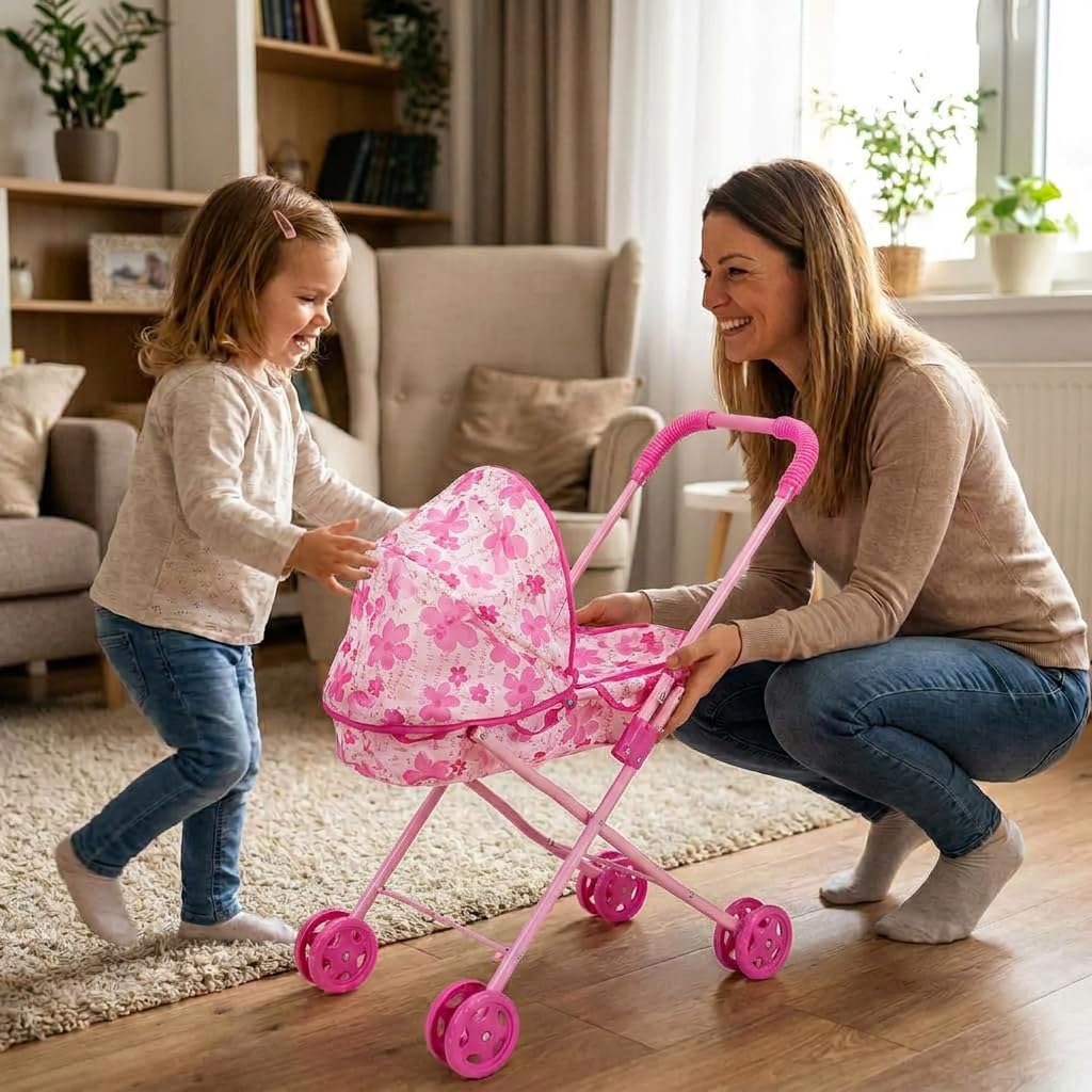 Passeggino per Bambole Pieghevole, Carrozzina per Bambole con Cintura di Sicurezza Integrata, Ruote Doppie, Leggero e Facile da Riporre, Giocattolo per Bambine