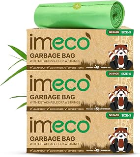 IMECO Eco Garbage Bags 90 Pcs Small - 17 X 19 Inches 30 Pcs x 3 Rolls Green Biodegradable Dustbin/Trash Bags with Detachable Drawstrings Perfect for Dry & Wet Waste