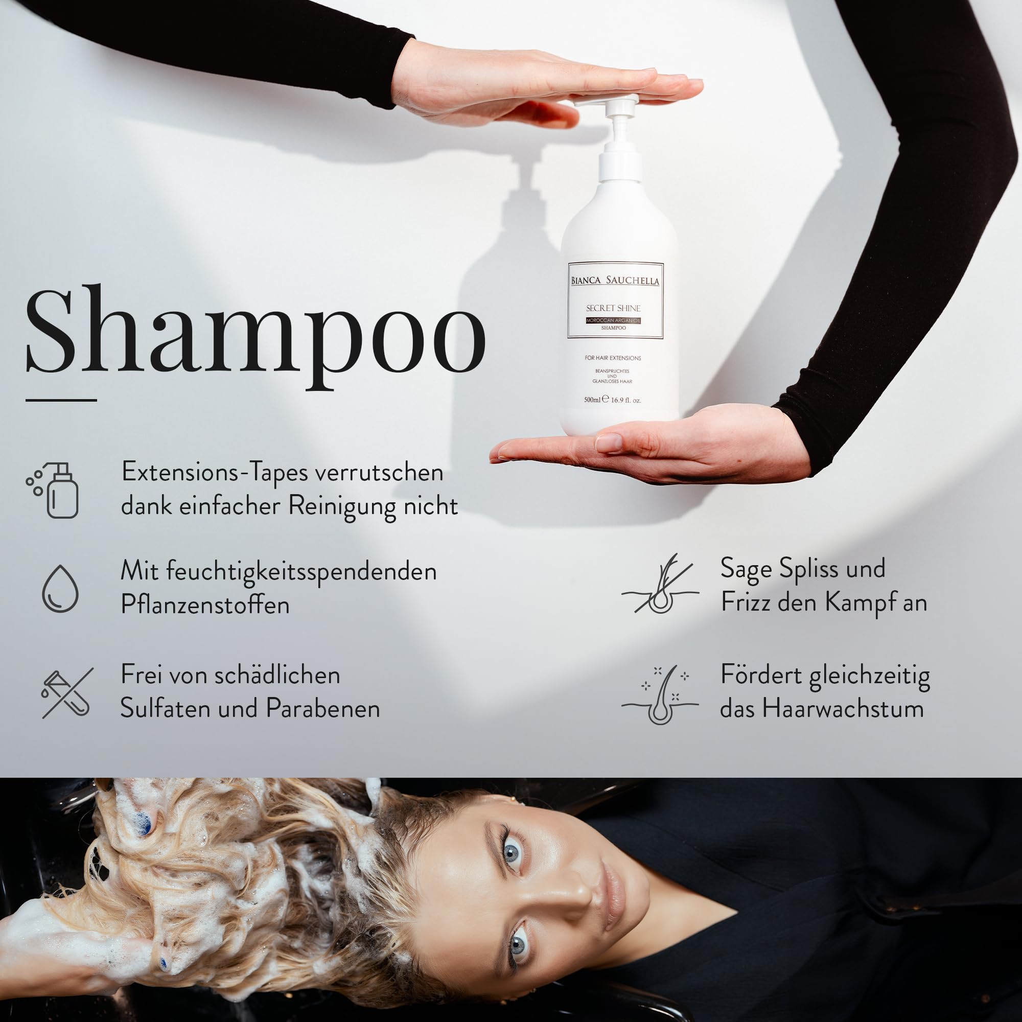 Secret Shine Set – Arganöl Shampoo, Conditioner, Haarmaske & Haaröl mit Collagen & Vitamin B3 – Pflege für glänzendes Haar & Echthaar-Extensions, parabenfrei