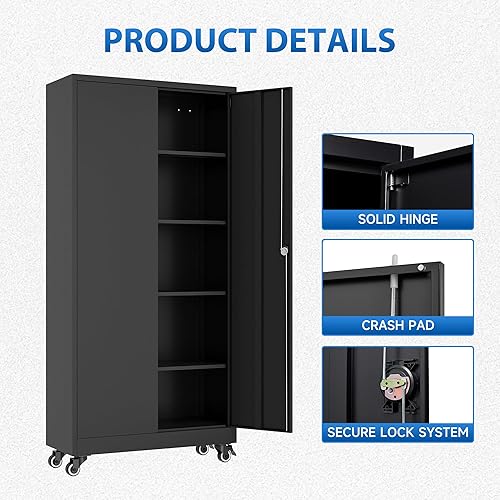 Vista 5 de heycode Armario de almacenamiento con bloqueo de metal con ruedas, 2 puertas y 4 estantes ajustables, armario de almacenamiento de garaje con ruedas