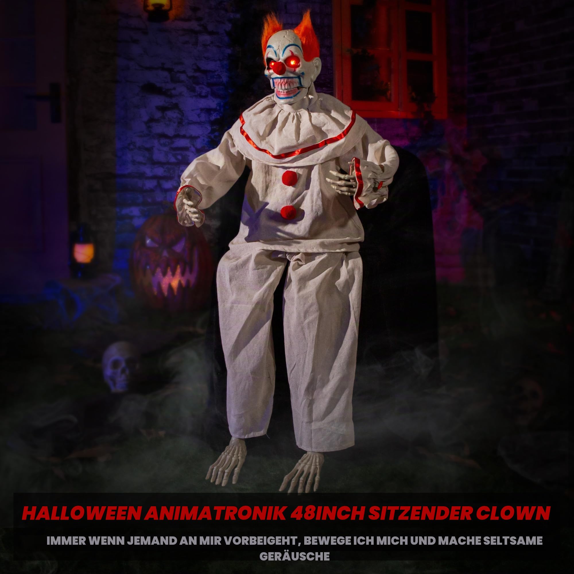 ELAMAS Animatronic sitzender Clown Halloween animierte Dekorationen - Sound aktiviert mit gruseligem Klang, leuchtende Augen, spukhafte Bewegung, Gruseldeko für Spukhaus und Horror-Requisiten
