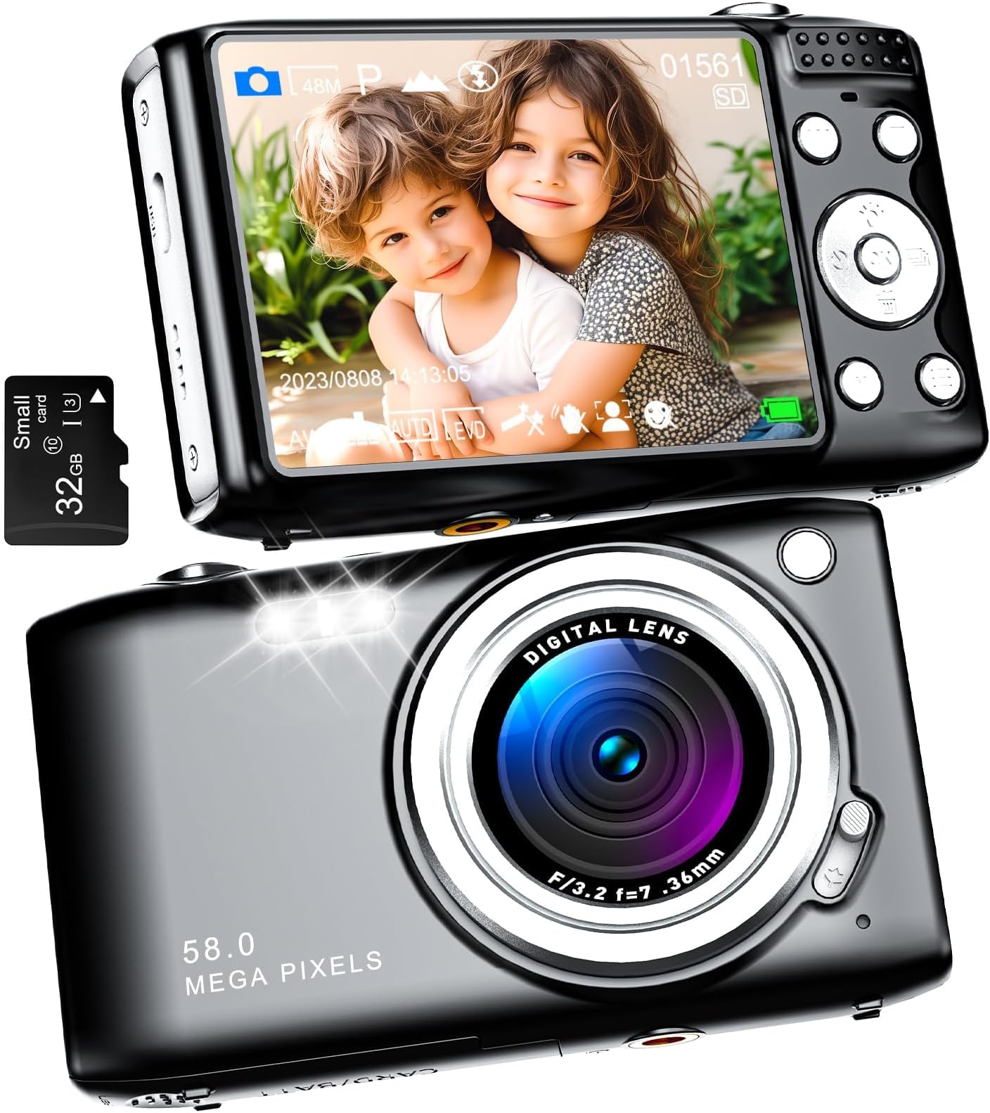 Digital Camera, Autofocus UHD 58MP 4K Vlogging Camera, 16X Zoom Point and Shoot Camera for Photography, Vlogging Compact Camera for Teens Adult Beginner with 32GB SD Card, Flash, Anti-Shake, Black
