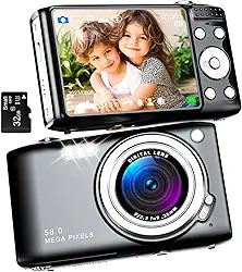 Câmera Digital, Câmera De Vlog Uhd 58Mp 4K Com Foco Automático, Zoom De 16X, Câmera Compacta Para Fotografia, Câmera Compacta Para Vlogs Para Adolescentes E Adultos Iniciantes Com Cartão Sd