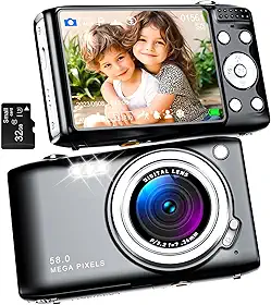 Câmera Digital, Câmera De Vlog Uhd 58Mp 4K Com Foco Automático, Zoom De 16X, Câmera Compacta Para Fotografia, Câmera Compacta Para Vlogs Para Adolescentes E Adultos Iniciantes Com Cartão Sd