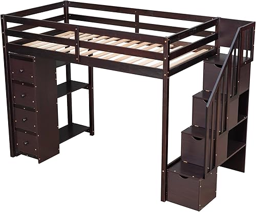 Miniatura 7 de SIYSNKSI Cama tipo loft moderna de tamaño individual con 4 cajones de almacenamiento y escaleras de almacenamiento marco de cama tipo loft de madera