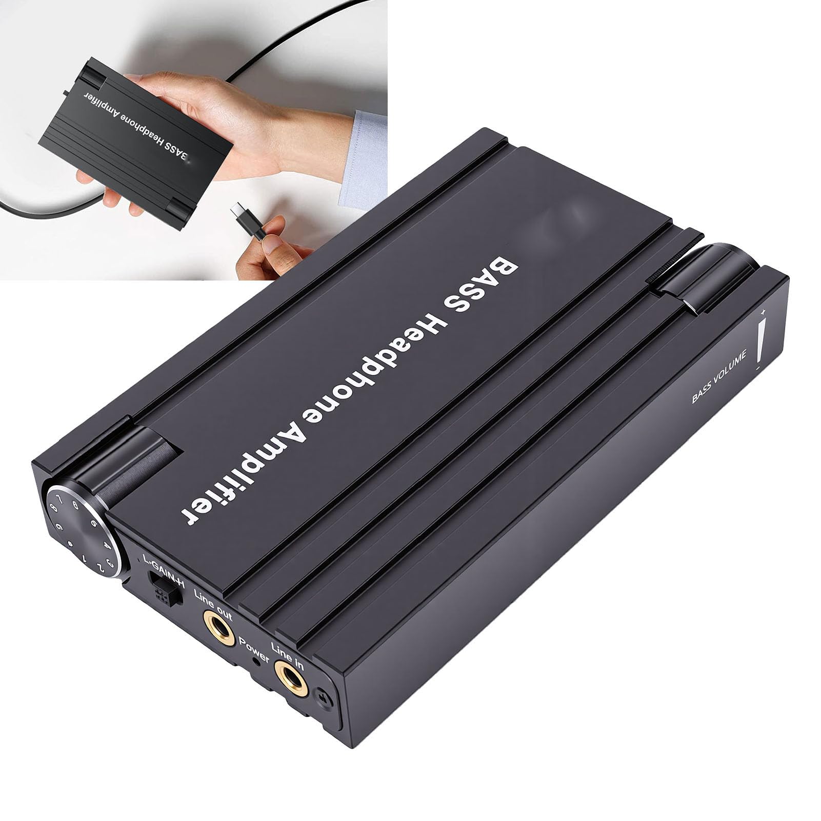 Fabater Amplificatore per Cuffie, Amplificatore HiFi Portatile in Alluminio da 16-300 Ohm, Jack da 3,5Mm USB Ricaricabile, Interruttori GAIN a Due Stadi, Controllo Potenziamento Bassi