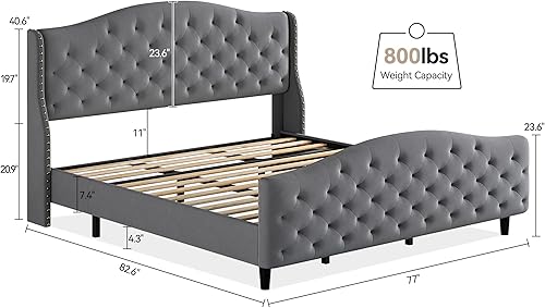 Miniatura 2 de IDEALHOUSE Base de cama con plataforma tapizada capitonada con cabecero y estribo, cabecera trasera con alas elevadas, base de colchón y soporte de