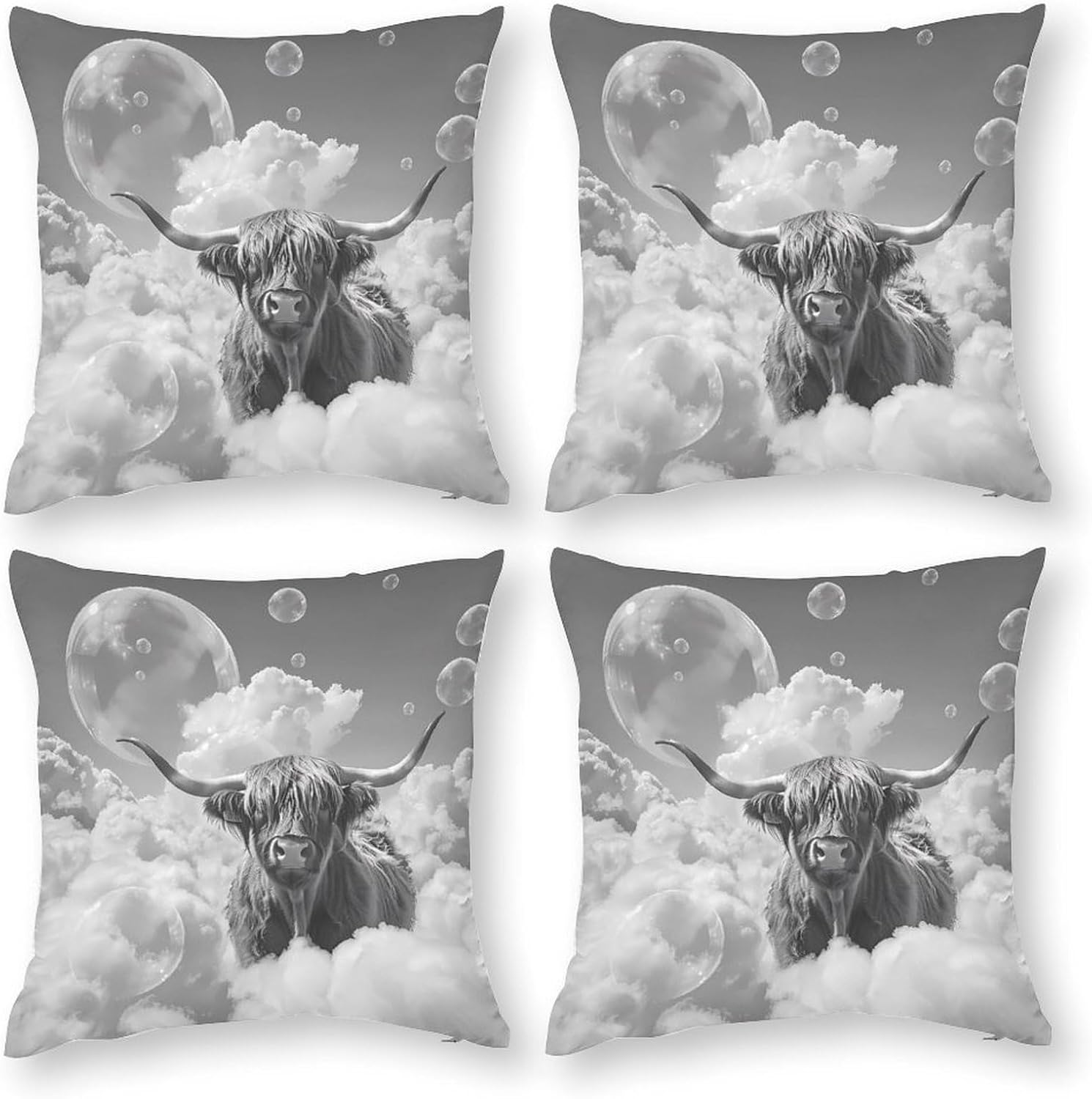 Highland Cow Bubbles Black White Printed Throw Pillow Case 4 Pcs Soft Pillowcases Pillows Covers Sofa Bed Decor 12/14/16/17/18/20/22/24/32 Inches